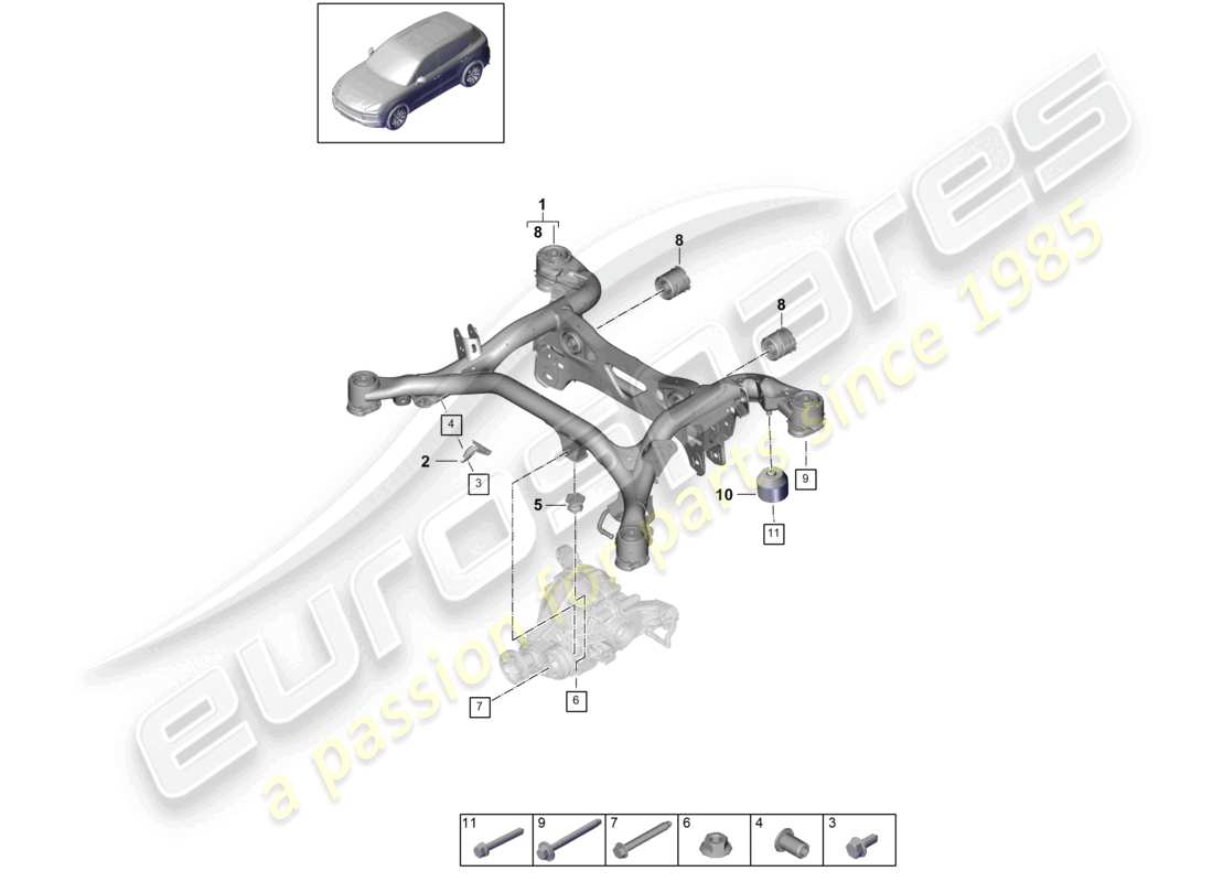 porsche 2022 (cayenne e3 9ya/9yb) stützrahmen aufhängungs-hilfsrahmen teilediagramm
