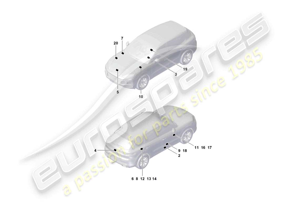 porsche 2025 (cayenne e3 pa) schilder/hinweise reserverad warnschild klimaanlage standheizung batterie teilediagramm