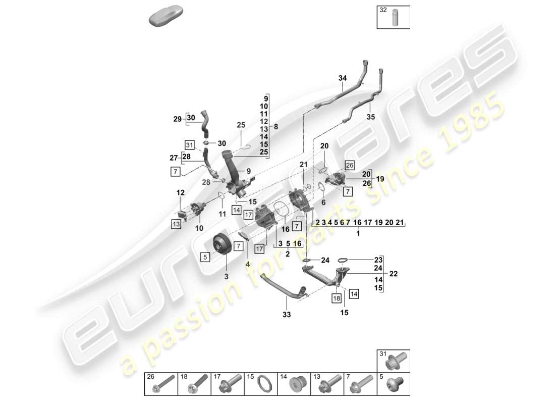 porsche 2020 (992-1 turbo / s) kühlmittelpumpenthermostat thermostatgehäuse teilediagramm