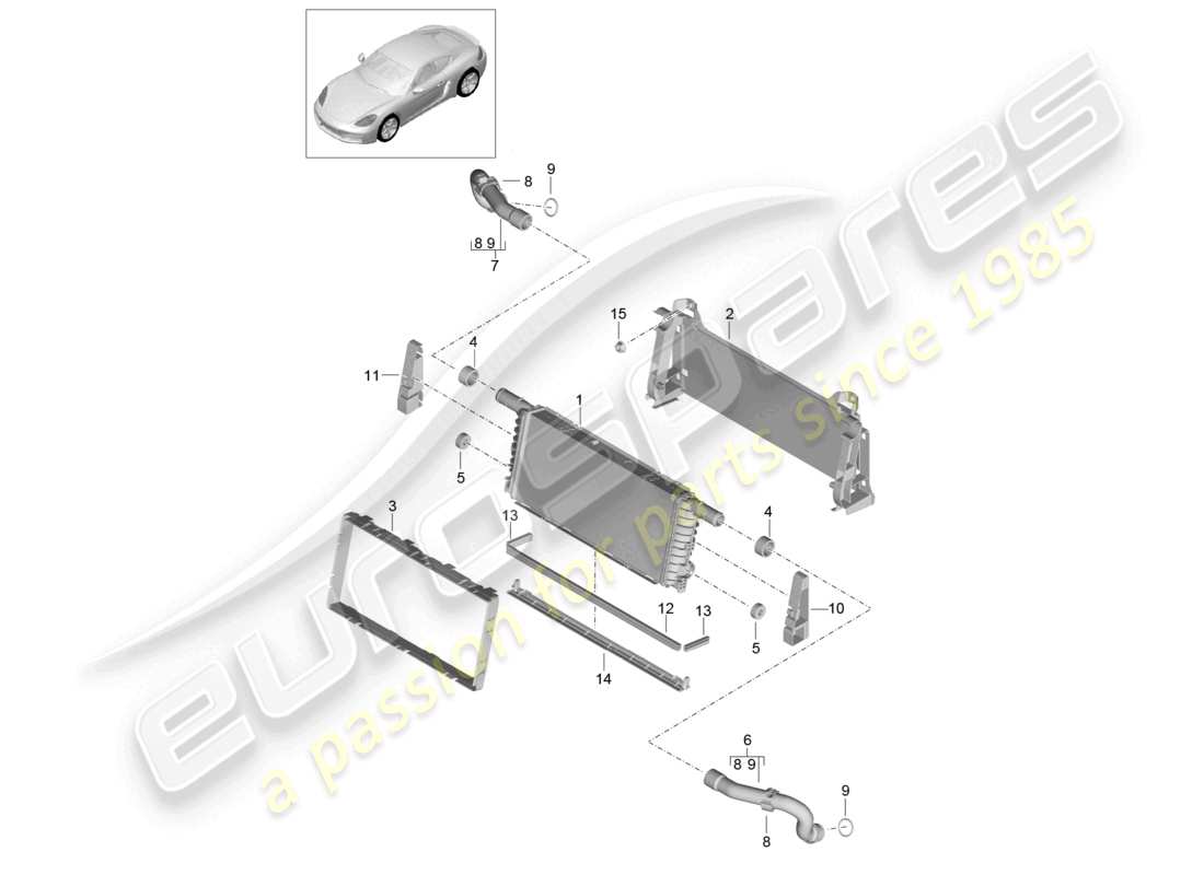 porsche 2024 (718 cayman) kühler für kühlmittelzentrum teilediagramm