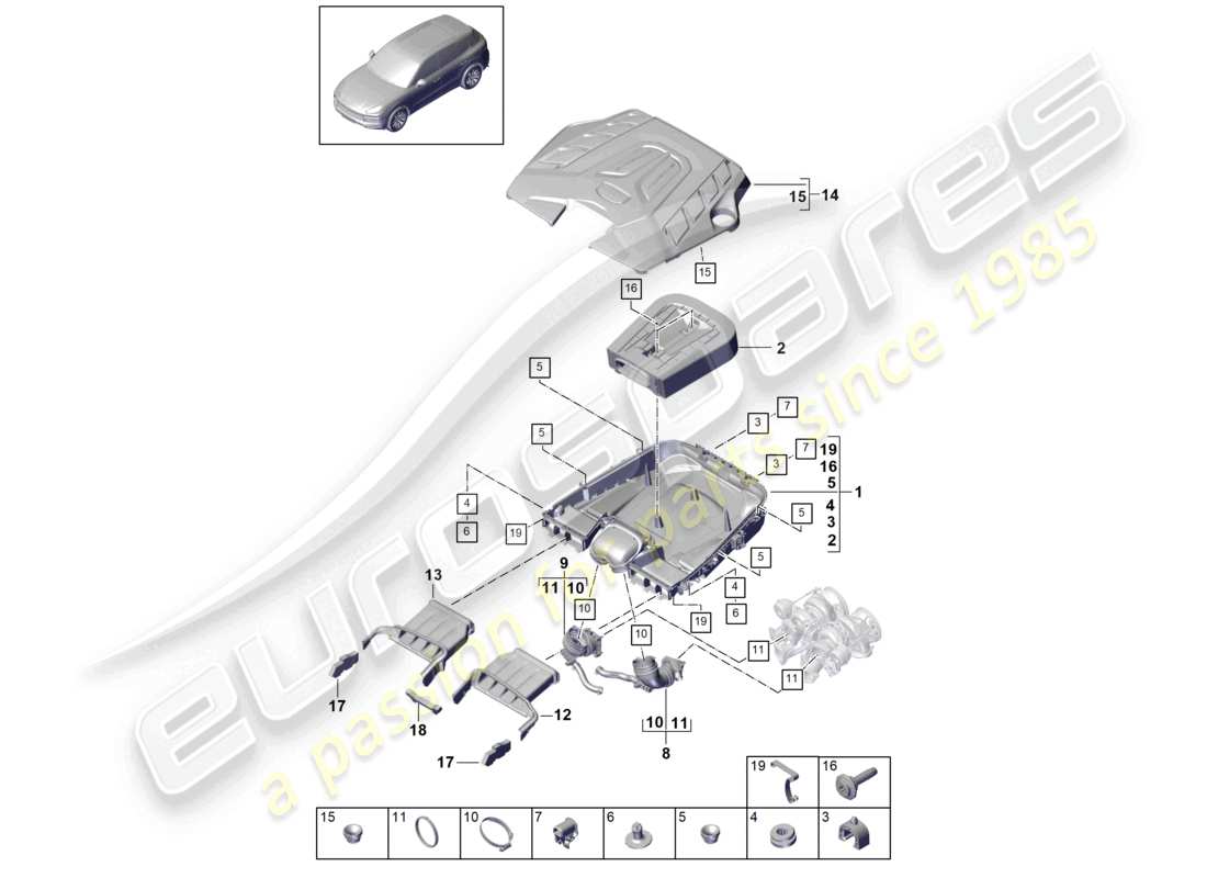porsche 2022 (cayenne e3 9ya/9yb) luftfilter mit anschlussteilen motorabdeckung teilediagramm