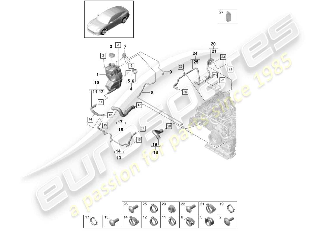 porsche 2021 (panamera 971-1) kühlmittelkühlsystem kühlmittelausgleichsbehälter entlüftungsleitung teilediagramm