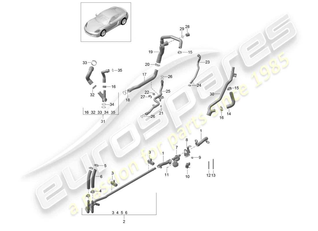porsche 2024 (718 cayman) kühlmittelkühlsystem wasserrohr teilediagramm