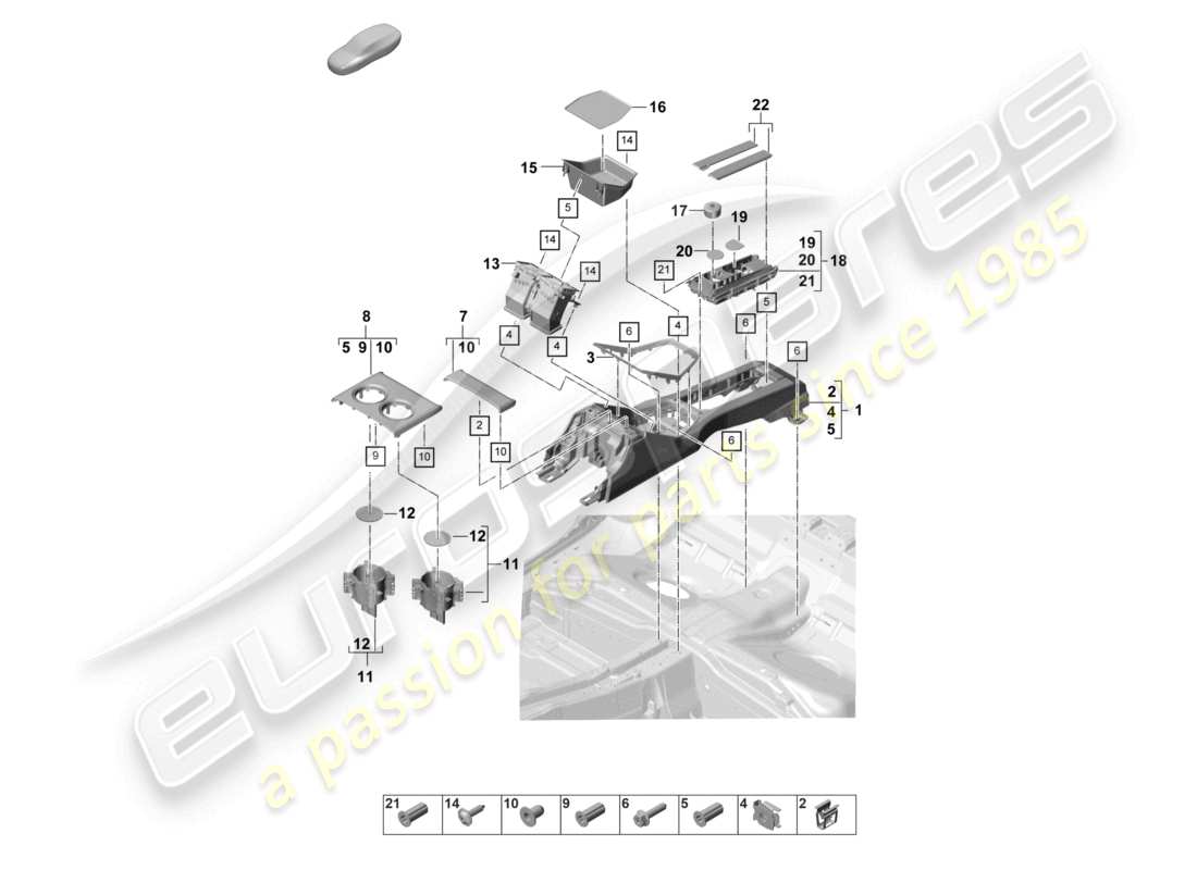 porsche 2024 (panamera 971-2) teilediagramm der hinteren mittelkonsole