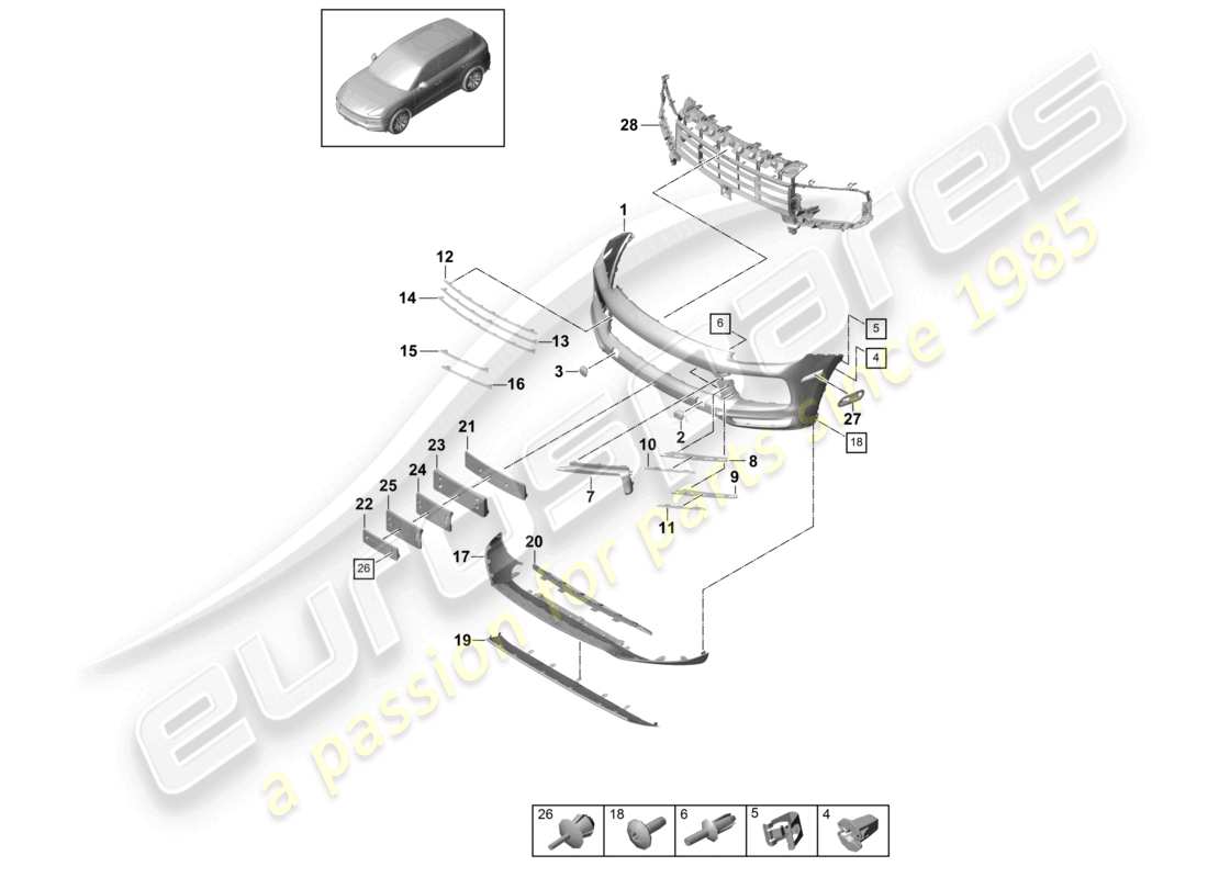 porsche 2022 (cayenne e3 9ya/9yb) stoßstange vorne, ersatzteildiagramm