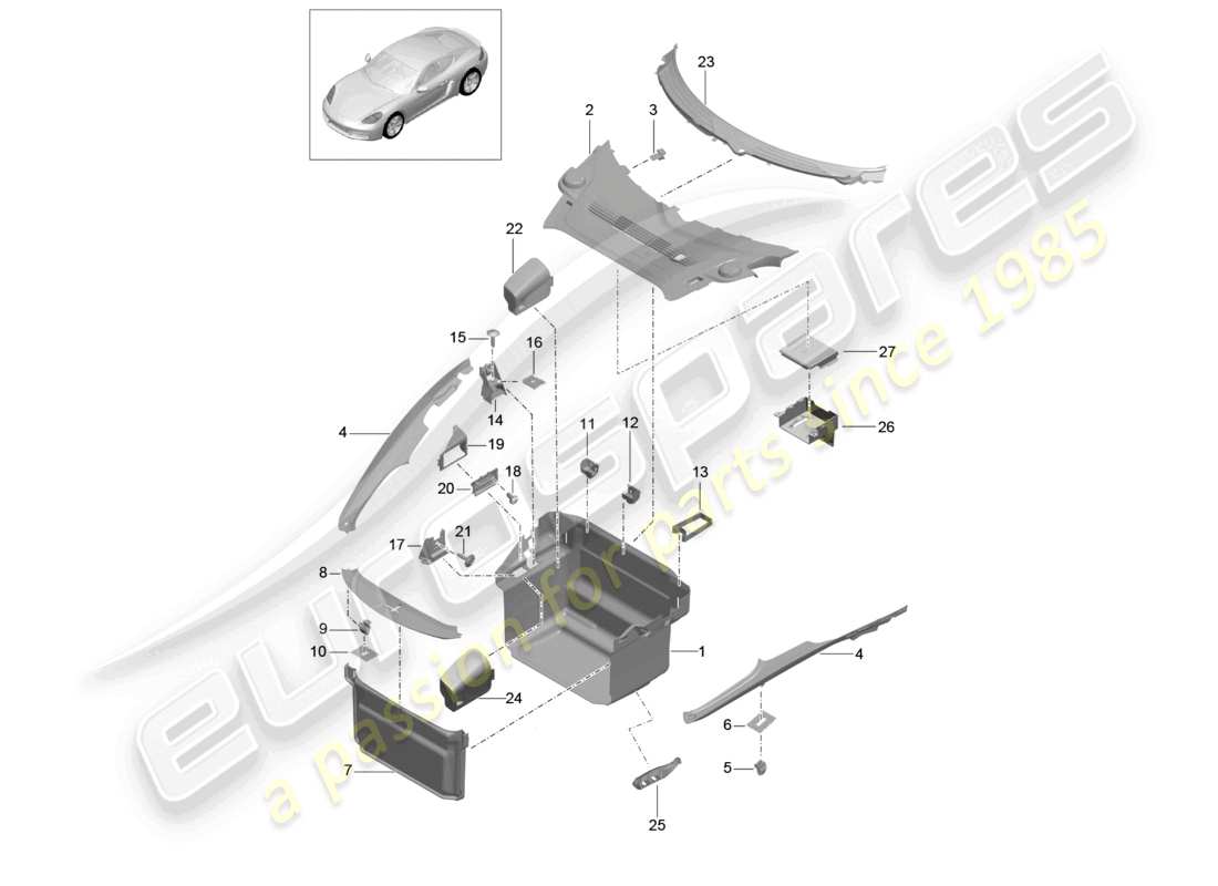 porsche 2023 (718 cayman) kofferraumverkleidung vorne teilediagramm