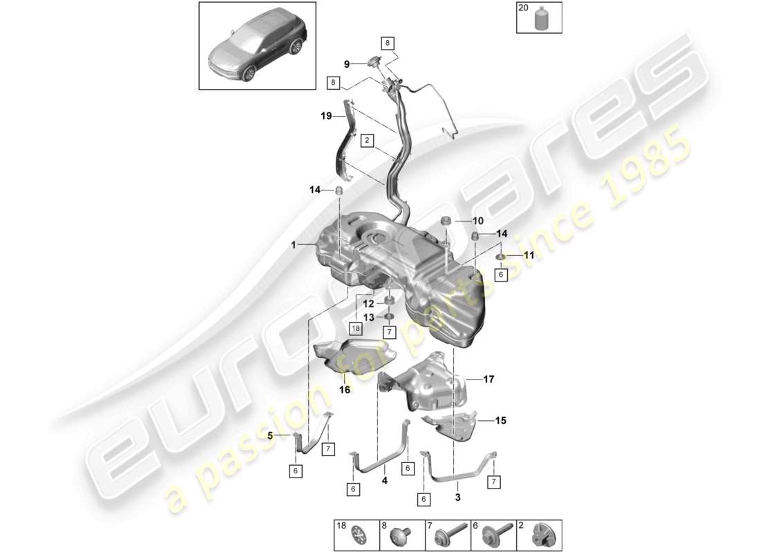 porsche 2023 (cayenne e3 9ya/9yb) kraftstofftank mit anbauteilen ersatzteildiagramm