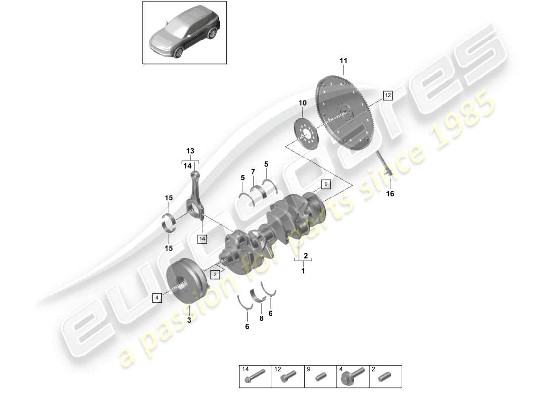 porsche 2023 (cayenne e3 9ya/9yb) kurbelwelle pleuel kupplungsscheibe teilediagramm