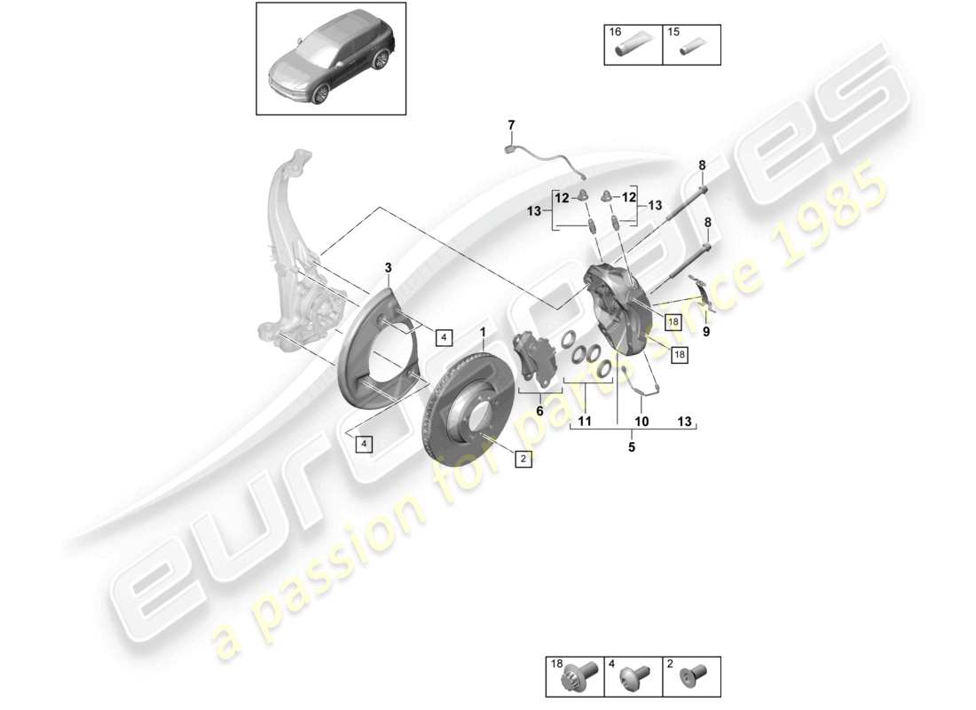 porsche 2021 (cayenne e3 9ya/9yb) scheibenbremse 18 vorderachse schwarz/grün ersatzteilzeichnung