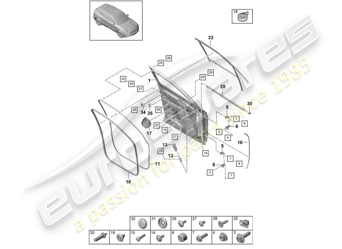 porsche 2022 (cayenne e3 9ya/9yb) türaußenhaut vorne dichtungen teilediagramm