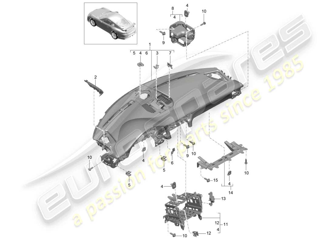 porsche 2021 (991-2 r/gt3/rs) instrumententafelverkleidung oberteil im lieferumfang enthaltene befestigungselemente teilediagramm