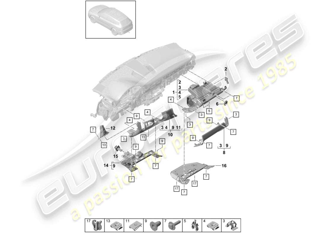 porsche 2024 (cayenne e3 9ya/9yb) instrumententafelverkleidung unten zubehör teilediagramm