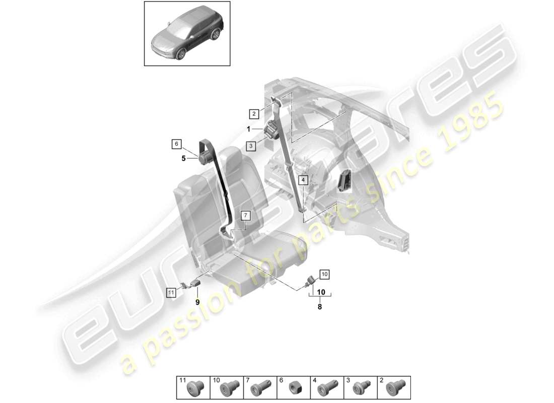 porsche 2022 (cayenne e3 9ya/9yb) dreipunkt-sicherheitsgurt hinten gurtschloss teileübersicht