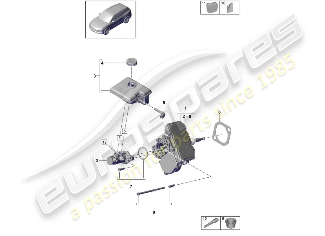 porsche 2024 (cayenne e3 9ya/9yb) tandem-hauptbremszylinder hybrid mit bremsflüssigkeitsbehälter bremskraftverstärker teilediagramm