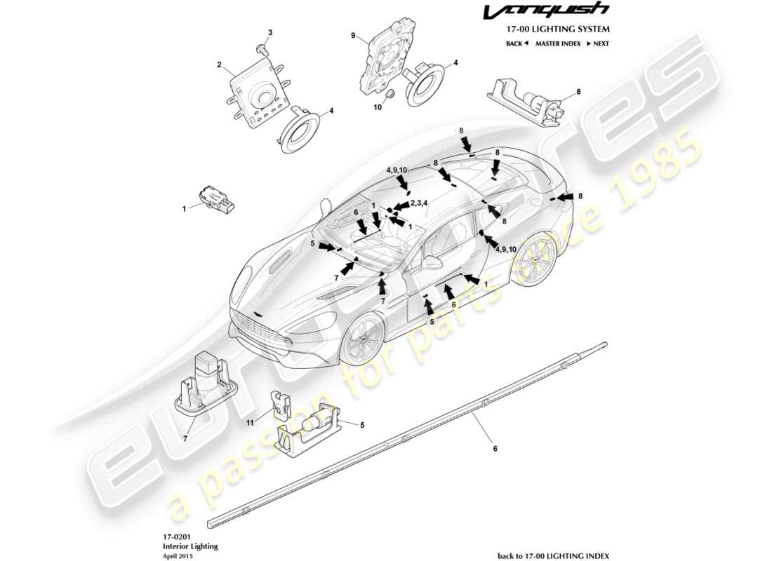 aston martin vanquish (2015) teilediagramm für innenbeleuchtung
