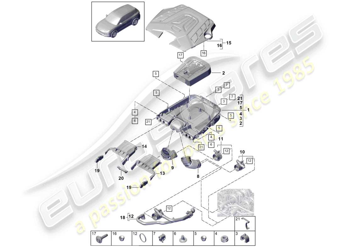 porsche 2024 (cayenne e3 9ya/9yb) luftfilter mit anschlussteilen motorabdeckung teilediagramm