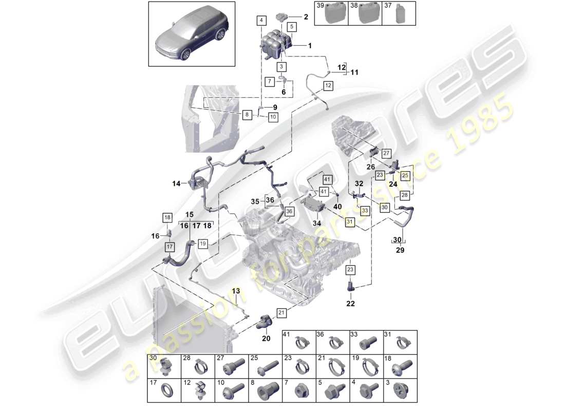 porsche 2023 (cayenne e3 9ya/9yb) kühlmittelkühlsystem kühlmittelausgleichsbehälter kühlmittelleitung teilediagramm