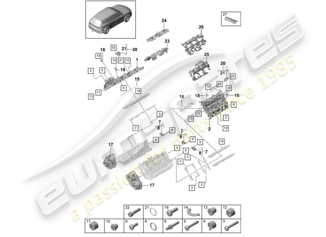 porsche 2024 (cayenne e3 9ya/9yb) zylinderkopfhaube schalldämpfer zubehör teilediagramm