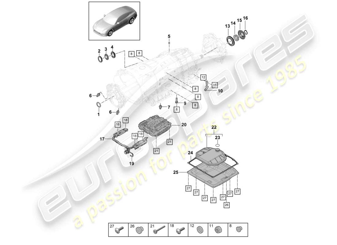 porsche 2021 (panamera 971-1) 8-speed doppelkupplungsgetriebe - pdk - mechatronik mit software-ölfilter getriebeölwanne teilediagramm
