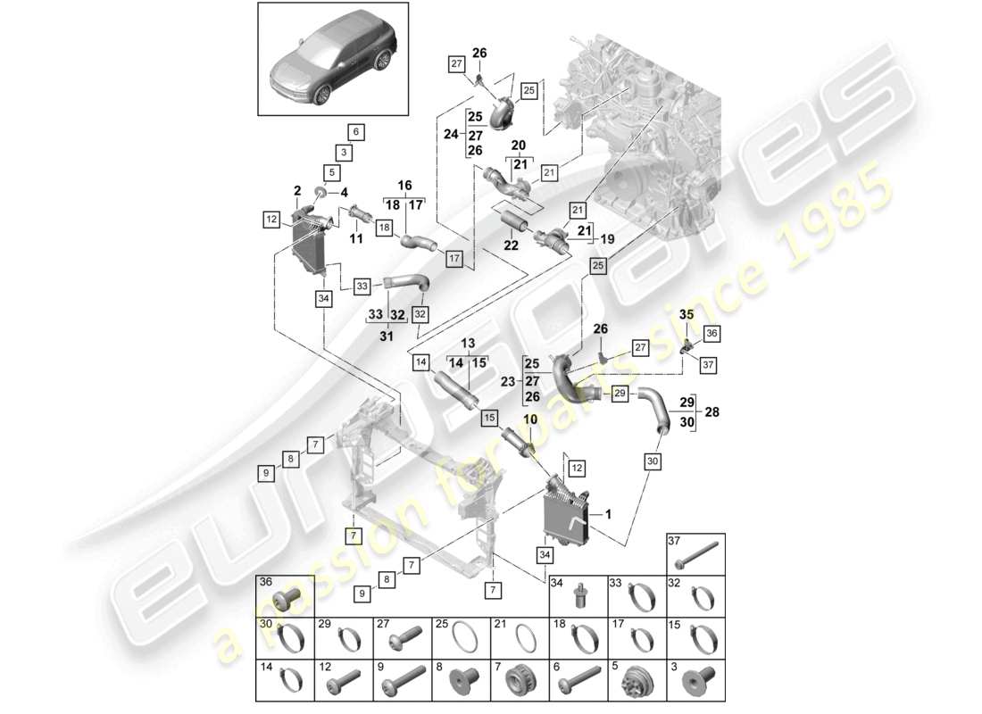 porsche 2024 (cayenne e3 9ya/9yb) ladeluftkühler-druckrohr teilediagramm