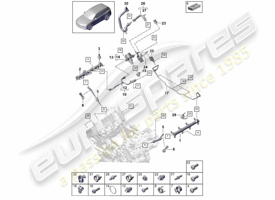 porsche 2024 (cayenne e3 9ya/9yb) kraftstoffsammelleitung hochdruckeinspritzdüse hochdruckpumpe teilediagramm