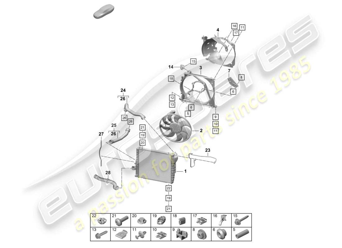 porsche 2024 (718 boxster spyder) kühler für kühlmittel vorne kühlerlüfter teilediagramm