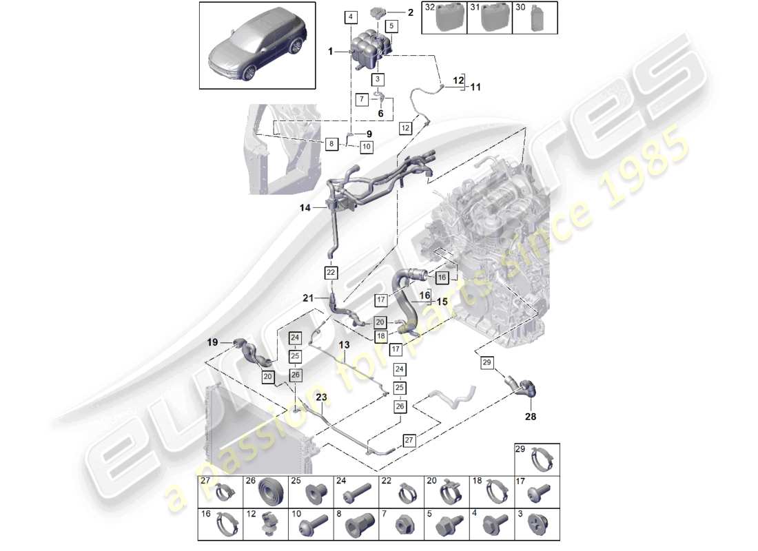 porsche 2024 (cayenne e3 9ya/9yb) kühlmittelkühlsystem kühlmittelausgleichsbehälter kühlmittelleitung teilediagramm