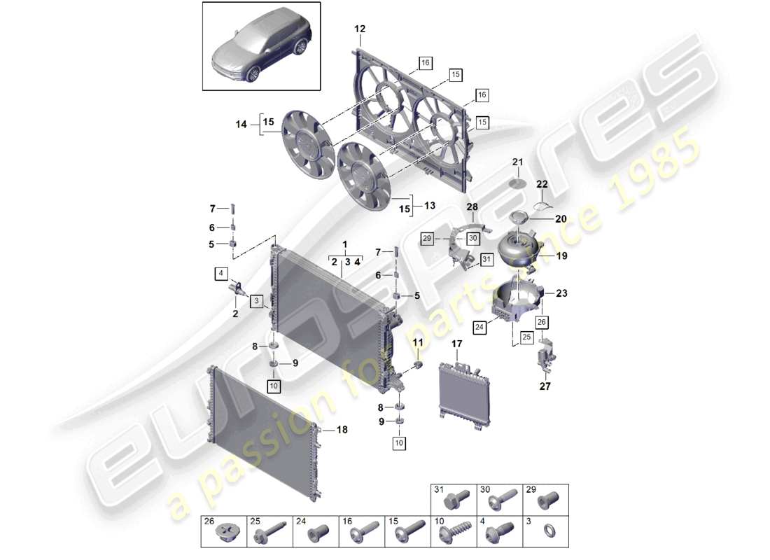 porsche 2024 (cayenne e3 9ya/9yb) kühlmittelkühlsystem kühler für kühlmittel zusätzlicher kühler für kühlmittel zusätzlicher ausgleichsbehälter teilediagramm