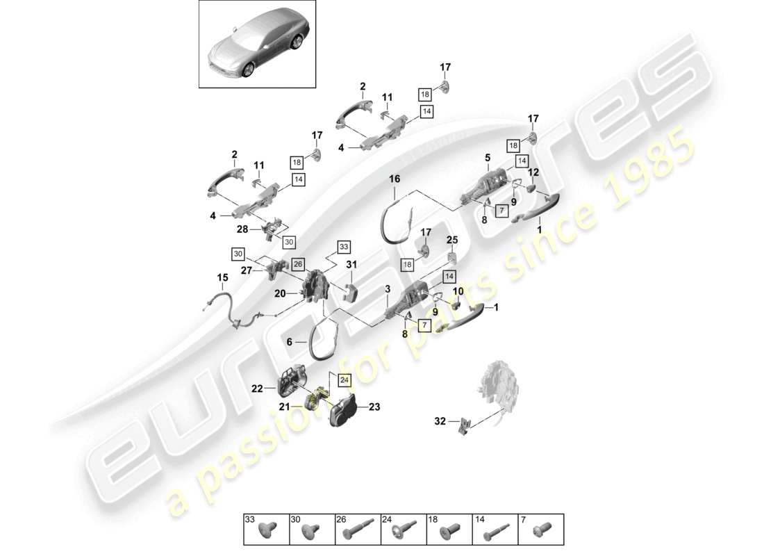 porsche 2021 (panamera 971-1) türgriff außen vorne und hinten türschloss teilediagramm