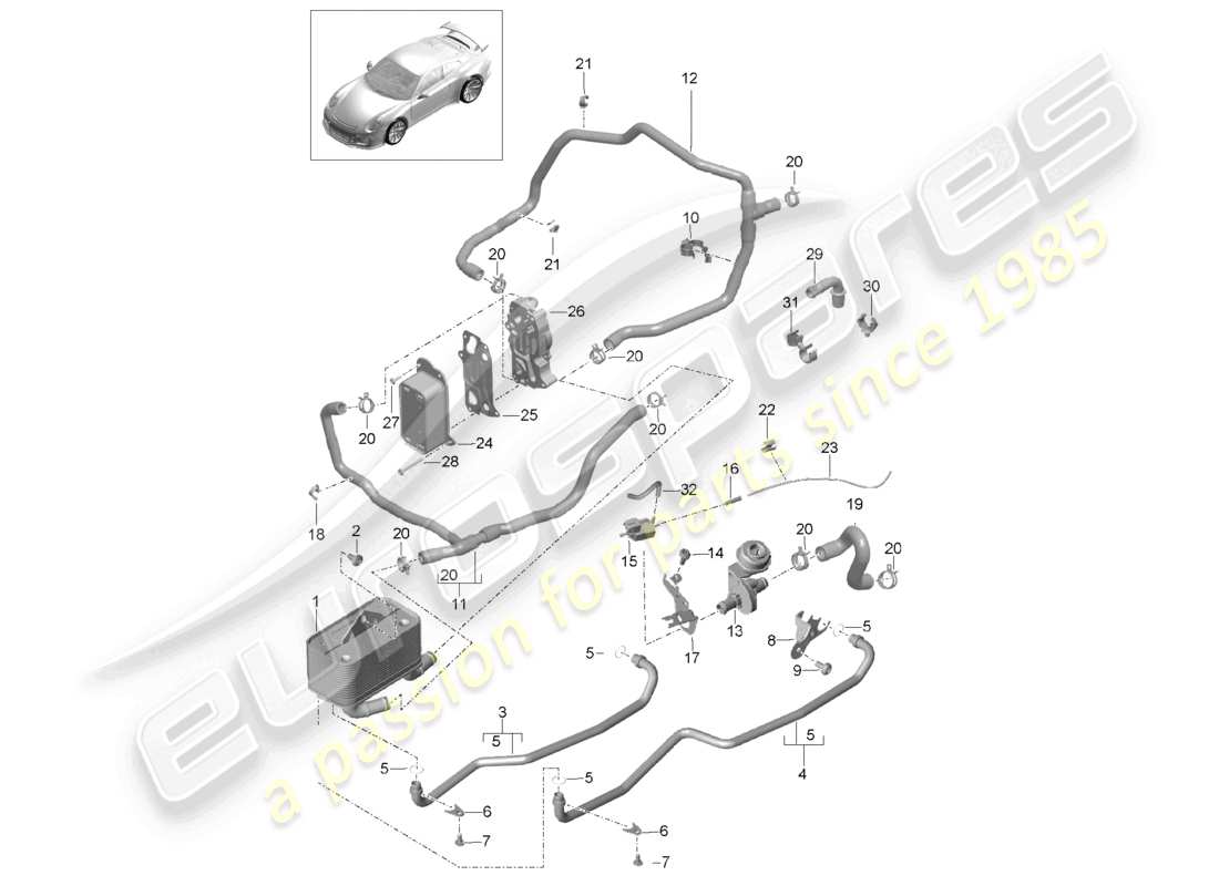 porsche 2021 (991-2 r/gt3/rs) - pdk - getriebe wärmetauscher ölleitung wasserleitung teilediagramm