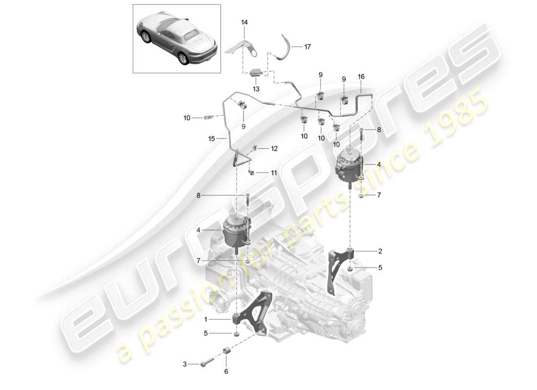 porsche 2023 (718 boxster) getriebebefestigungsteile teilediagramm