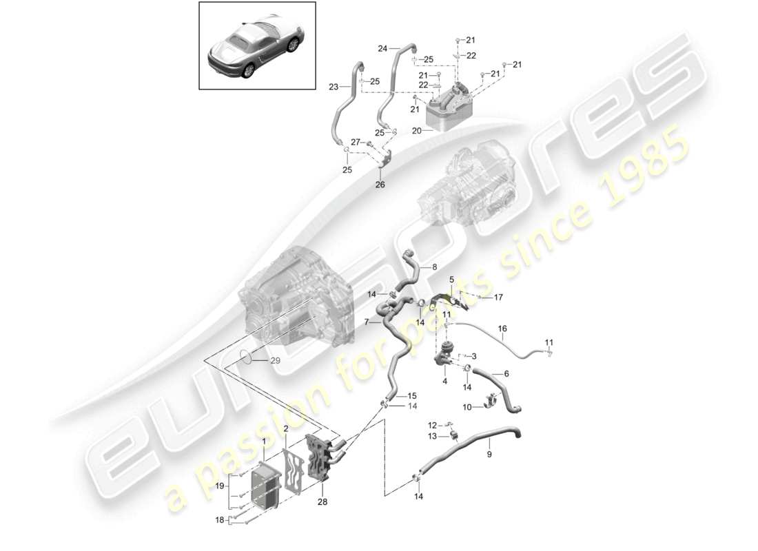 porsche 2023 (718 boxster) - pdk - getriebe wärmetauscher ölleitung wasserleitung teilediagramm