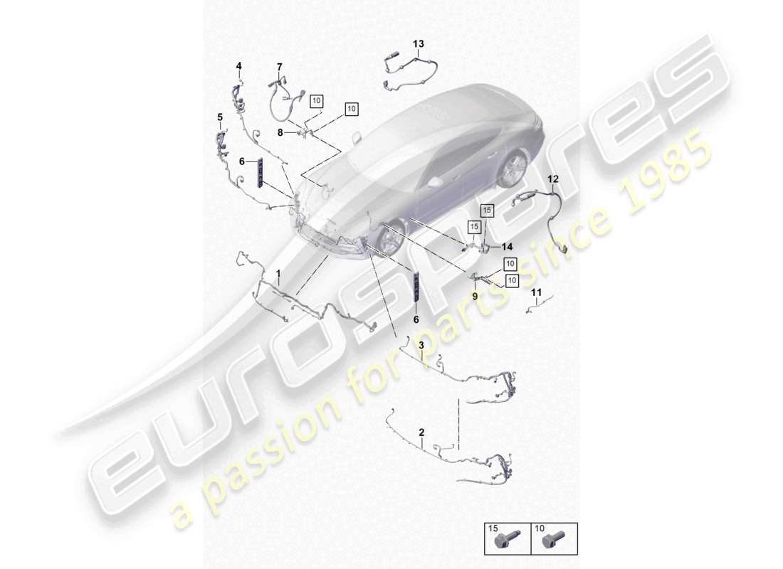 porsche 2021 (panamera 971-1) kabelbäume stoßfänger antiblockiersystem -abs- bremsbelagverschleißanzeige vorderachskabelbaum für niveauregulierung ersatzteildiagramm