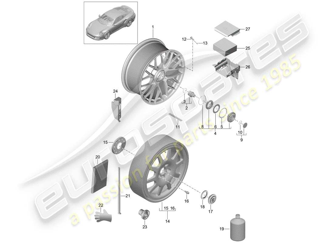 porsche 991 turbo (2018) leichtmetallfelge mit ersatzteildiagramm