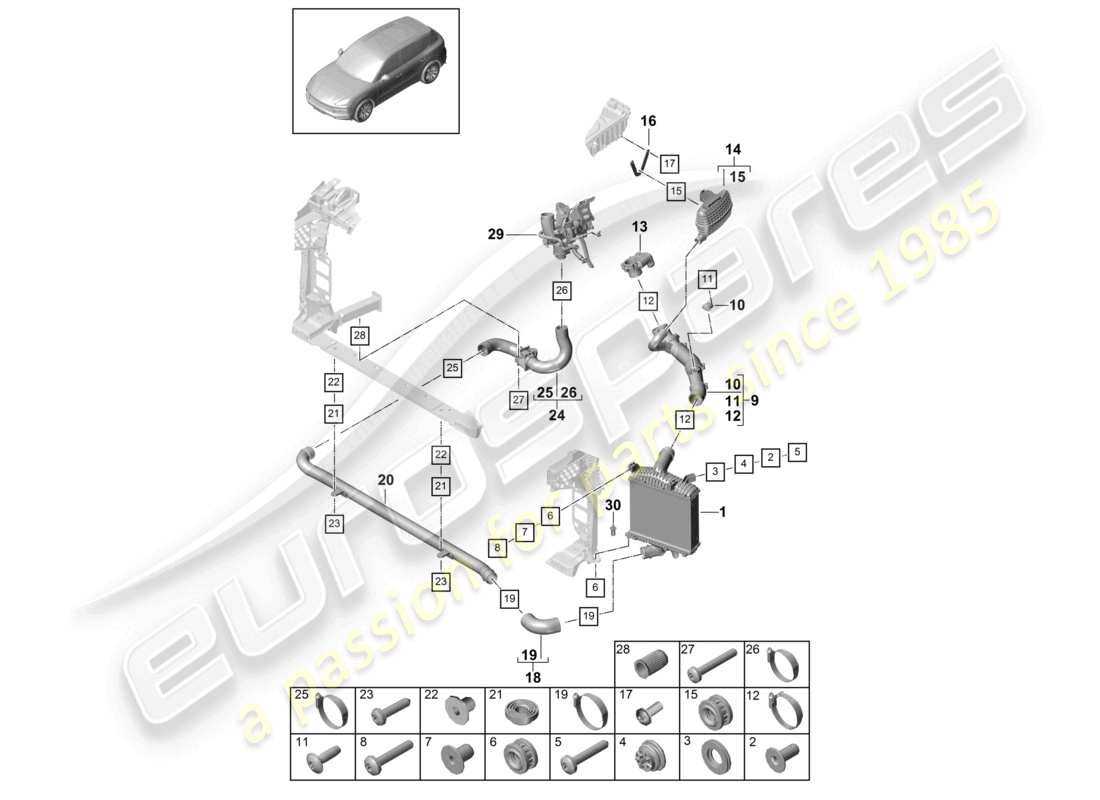 porsche 2022 (cayenne e3 9ya/9yb) ladeluftkühler druckschlauch teilediagramm