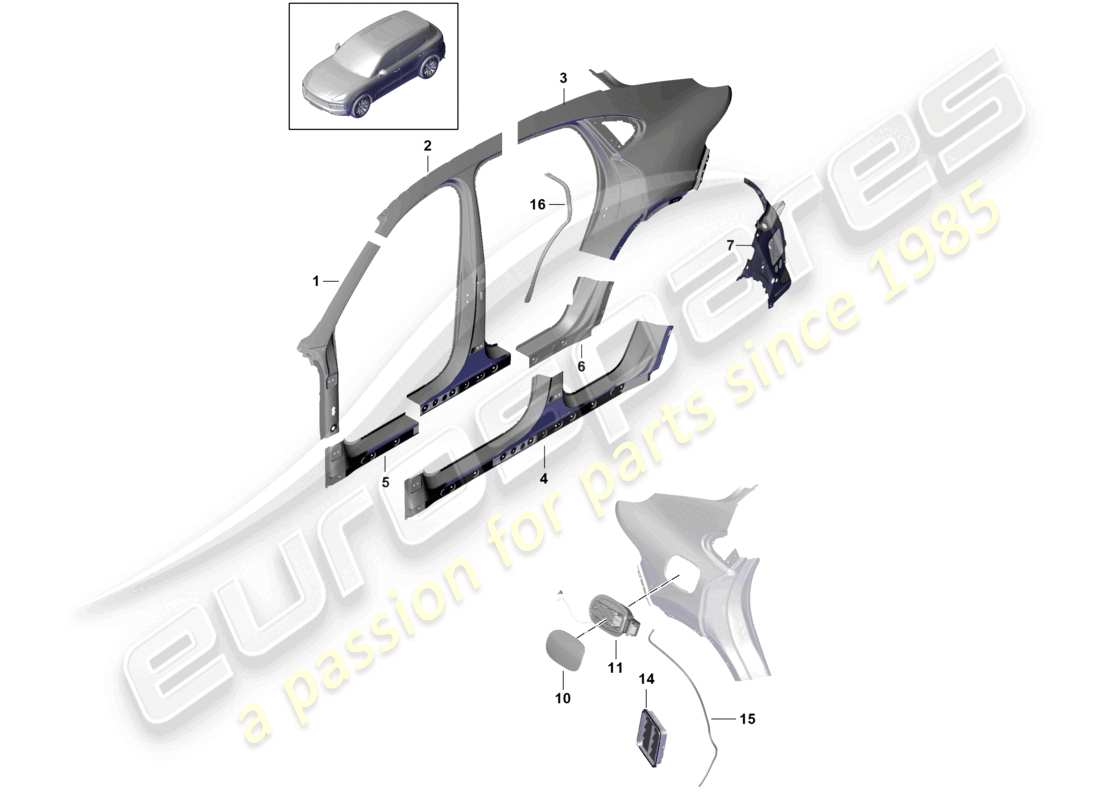 porsche 2022 (cayenne e3 9ya/9yb) seitenteil außen coupé teilediagramm