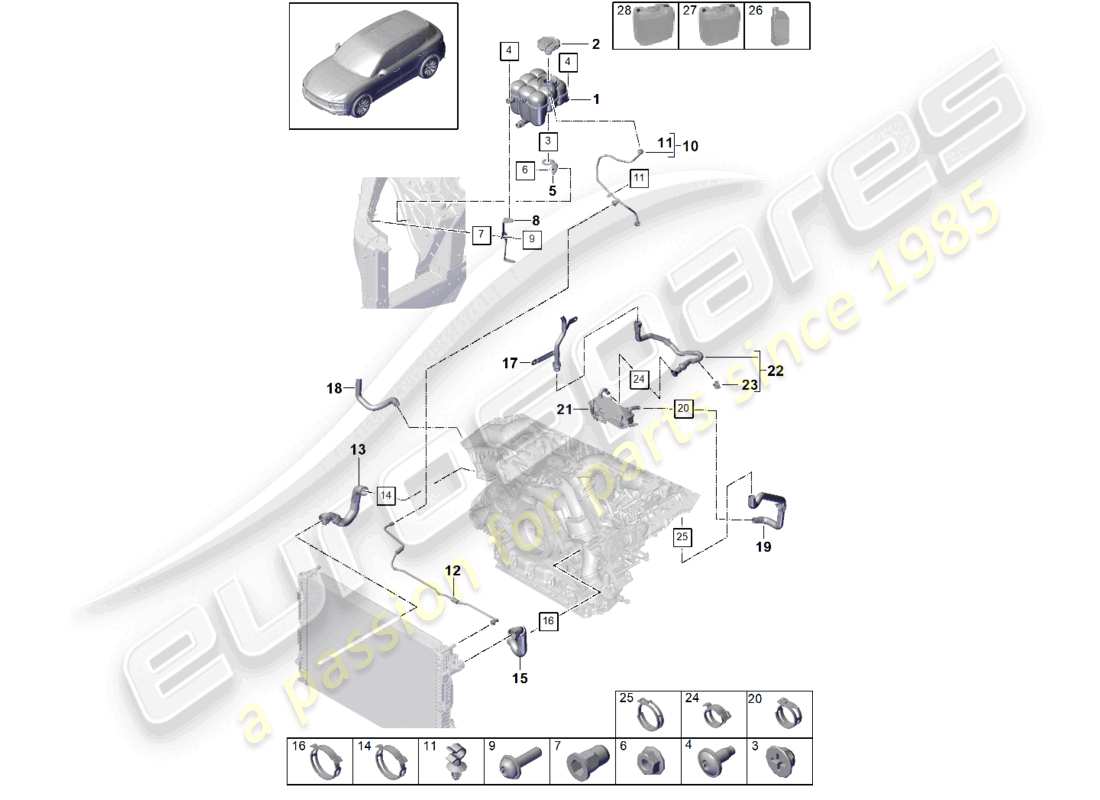 porsche 2023 (cayenne e3 9ya/9yb) kühlmittelkühlsystem kühlmittelausgleichsbehälter kühlmittelleitung teilediagramm