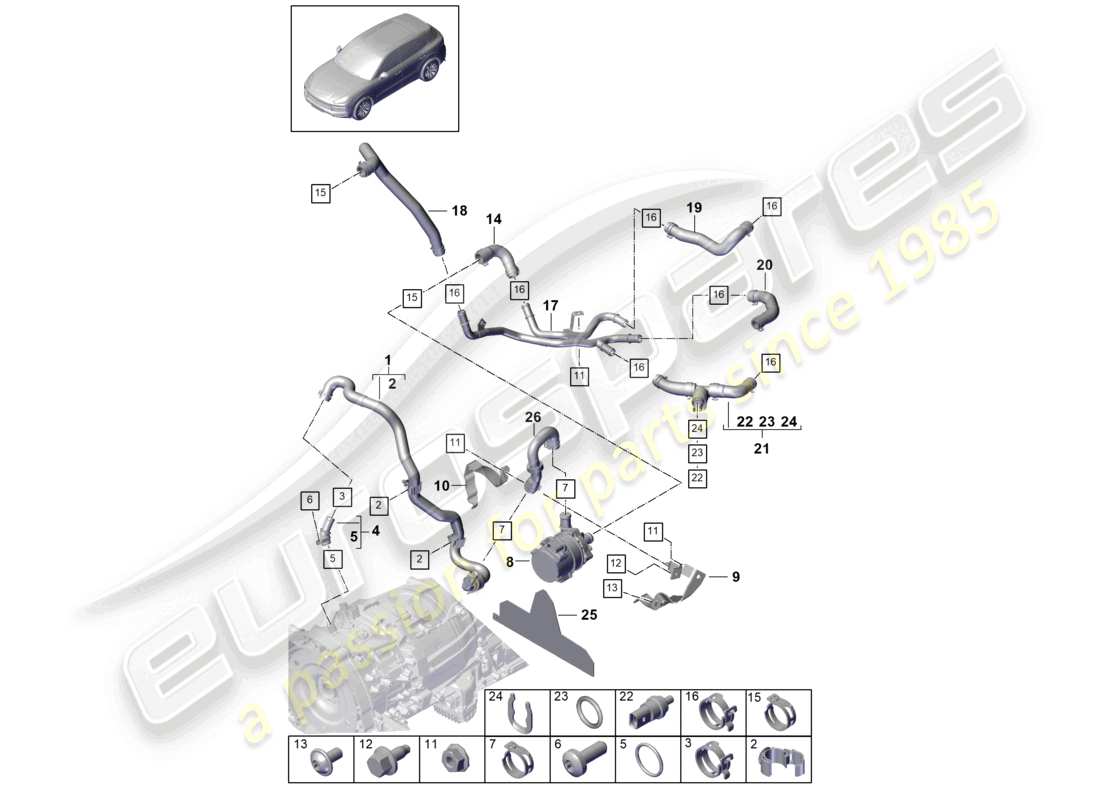 porsche 2022 (cayenne e3 9ya/9yb) kühlmittelkühlsystem kühlmittelschläuche teilediagramm