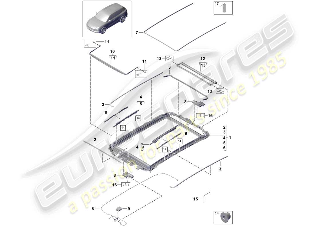 porsche 2022 (cayenne e3 9ya/9yb) glasdachrahmen zubehör teilediagramm