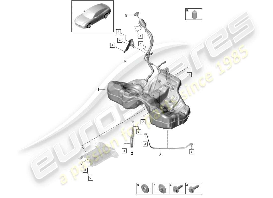 porsche 2021 (panamera 971-1) kraftstofftank mit anbauteilen ersatzteildiagramm