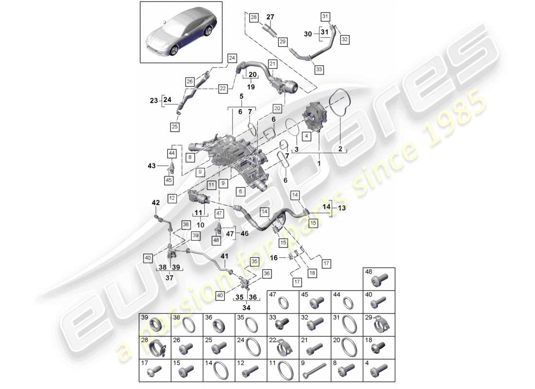 porsche 2021 (panamera 971-1) kühlmittelpumpen-thermostatgehäuse kühlmittelrohr entlüftungsleitung teilediagramm