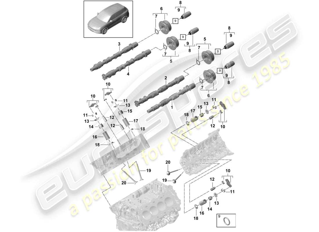 porsche 2023 (cayenne e3 9ya/9yb) nockenwelle, ventile, nockenwellenversteller, ersatzteildiagramm