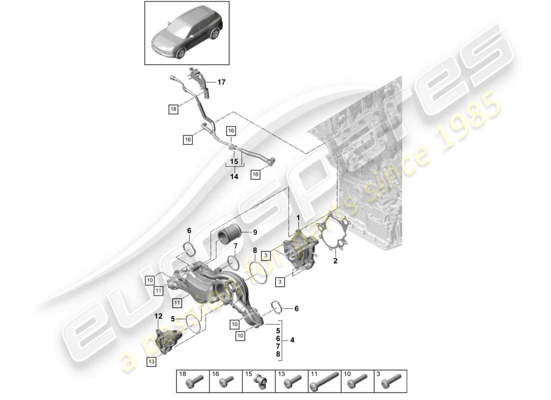 porsche 2024 (cayenne e3 9ya/9yb) kühlmittelpumpen-thermostatgehäuse entlüftungsleitung teilediagramm
