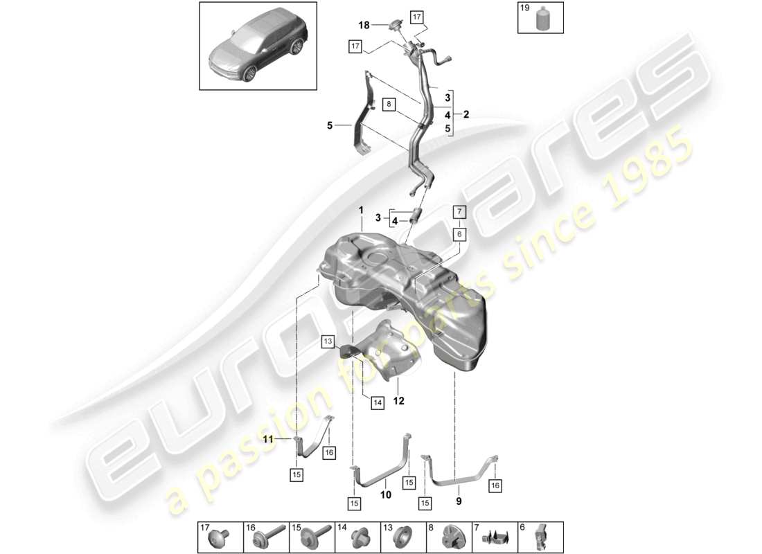 porsche 2023 (cayenne e3 9ya/9yb) kraftstofftank mit anbauteilen teilediagramm