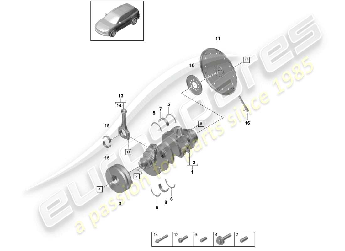 porsche 2023 (cayenne e3 9ya/9yb) kurbelwelle pleuel kupplungsscheibe teilediagramm