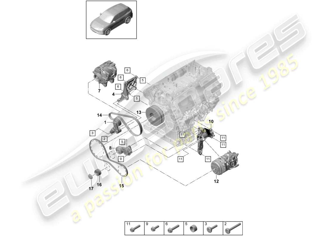 porsche 2023 (cayenne e3 9ya/9yb) poly-v-riemen riemenspanner dämpfer teilediagramm
