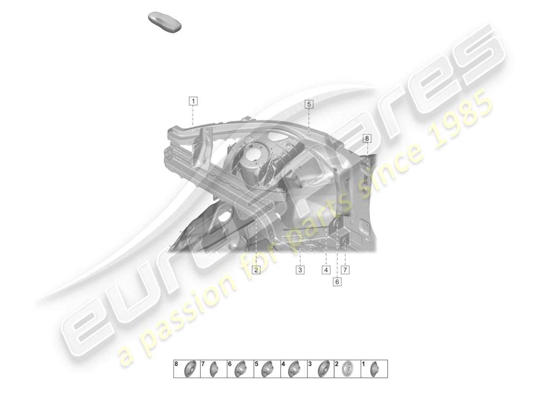 porsche 2020 (taycan 9j1-1) vorderes ende, außen, längsträger, radkasten, teilediagramm