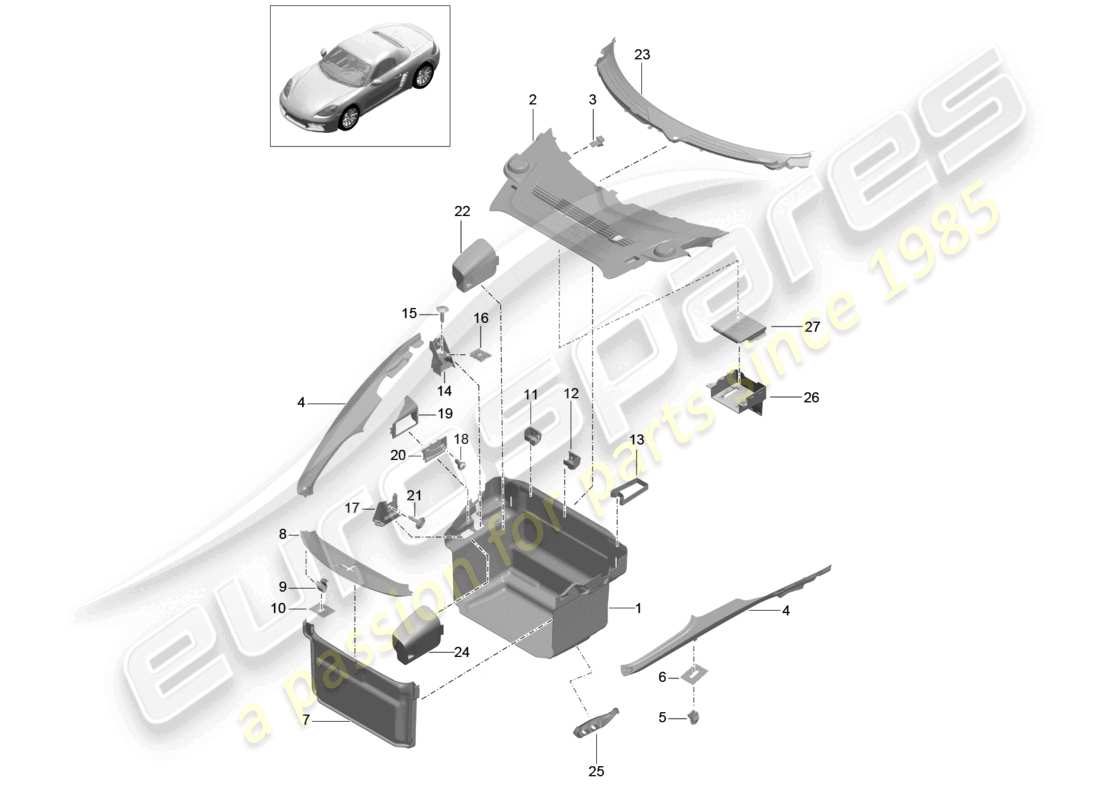 porsche 2022 (718 boxster) kofferraumverkleidung vorne teilediagramm