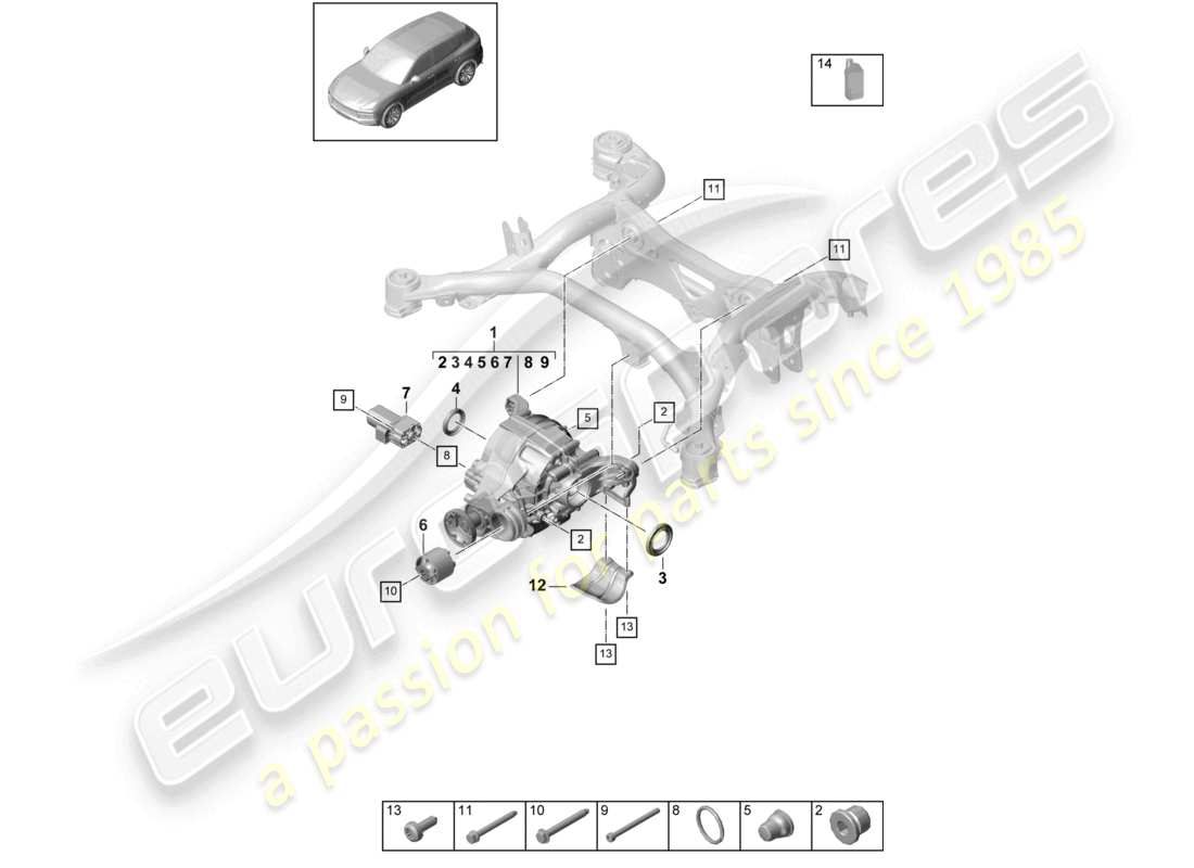 porsche 2022 (cayenne e3 9ya/9yb) hinterachsdifferenzial für modelle mit differenzialsperre ersatzteildiagramm
