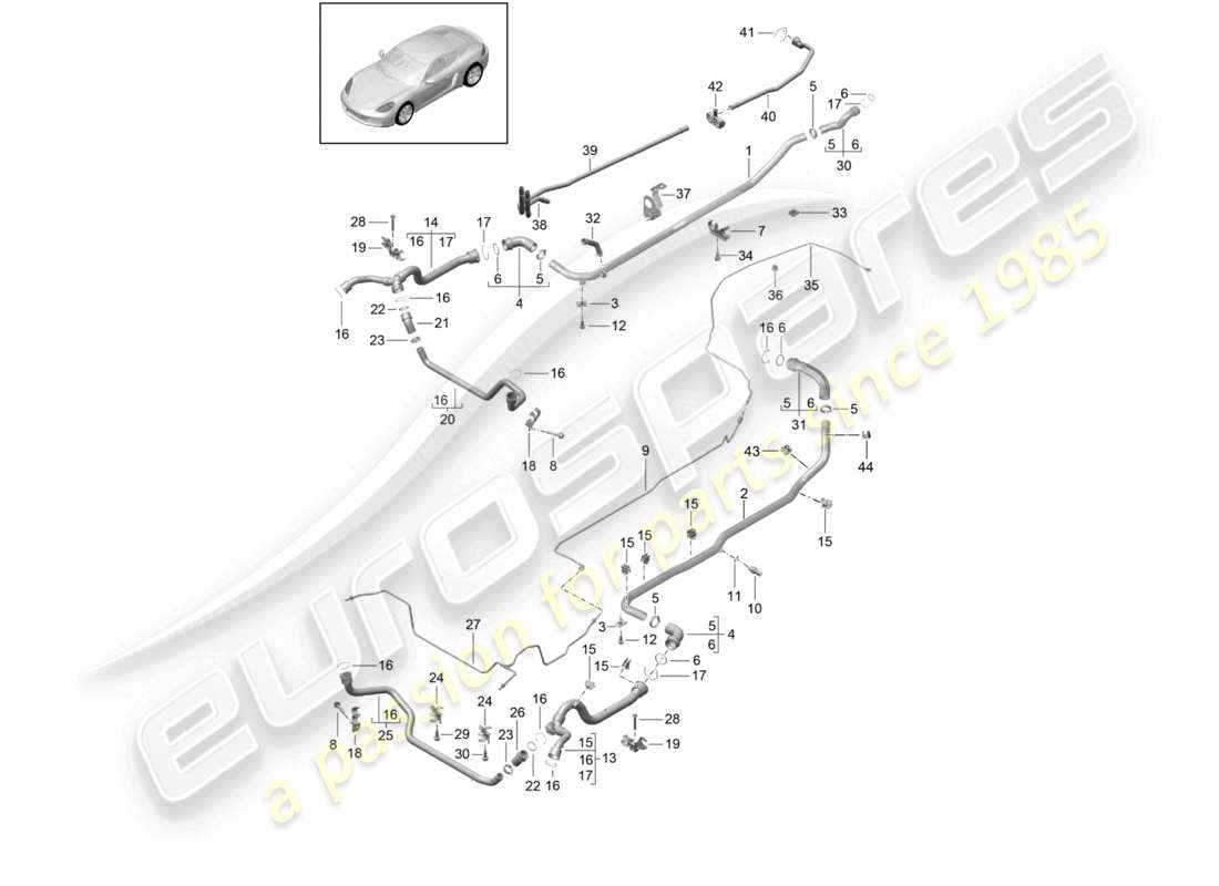 porsche 2025 (718 cayman) kühlmittelkühlsystem 1 kühlmittelrohr entlüftungsleitung teilediagramm